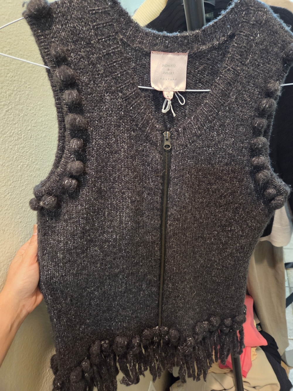 Romeo & Juliet Couture Charcoal Knit Zip-Front Pom-Pom Fringe Vest